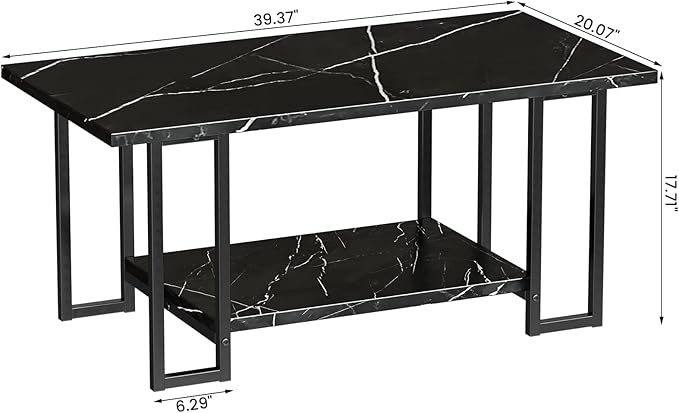 Lamerge Coffee Table, Modern Faux Marble Top Coffee Table with Metal Frame and Storage Shelf, 2-Tier Rectangle Accent Cocktail Table for Living Room, Office (Black)