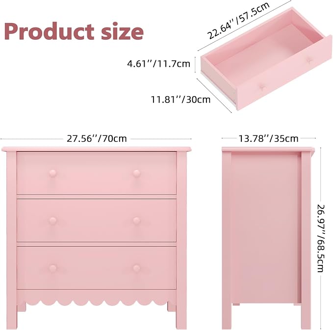 Vikiullf Large Nightstand with 3 Drawers, Pink, Engineered Wood, 27.56 x 13.78 x 26.97 inches (Pink) - Image 2