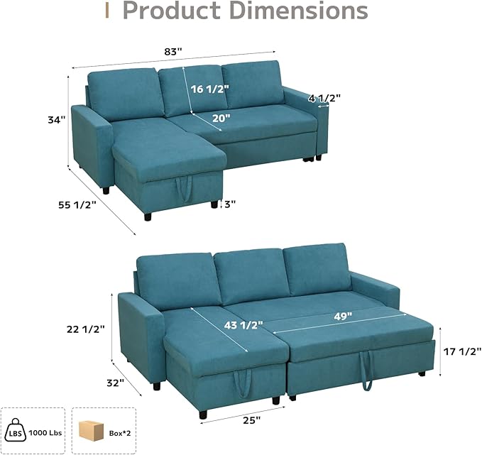 L-Shaped Sleeper Sofa with Chaise Lounge & Storage, Pull-Out Couch Bed with Recliner, Full Size Futon for Living Room, Office, Apartment Teal