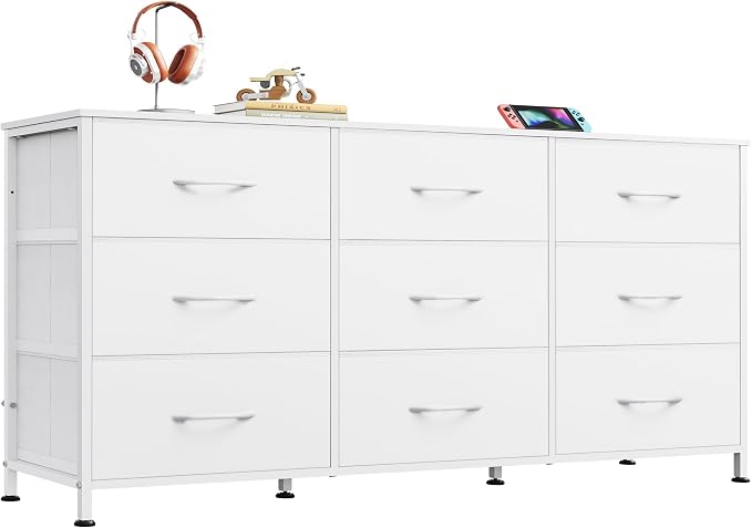 WLIVE 47''W Dresser for Bedroom, White Dresser TV Stand for 45, 50, 55 inch TV, Wide Chest of Drawers with 9 Drawer, Large Entertainment Center, Fabric Dressers with Wood Top for Closet, Living Room by WLIVE