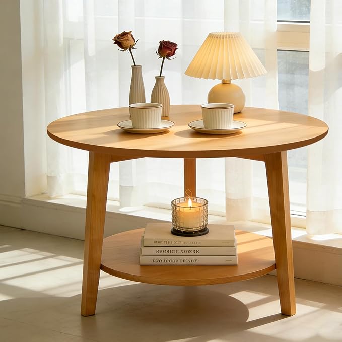 2-Tier Round Coffee Table Wood Nesting Side Table (Oak Coffee Table, 28x28x18)