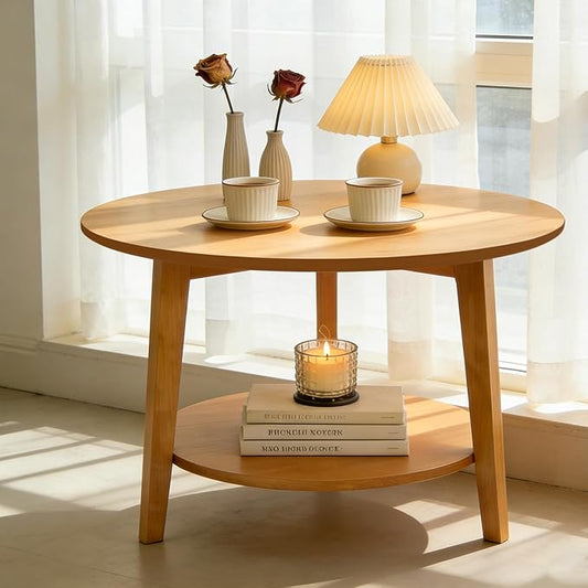 2-Tier Round Coffee Table Wood Nesting Side Table (Oak Coffee Table, 28x28x18)