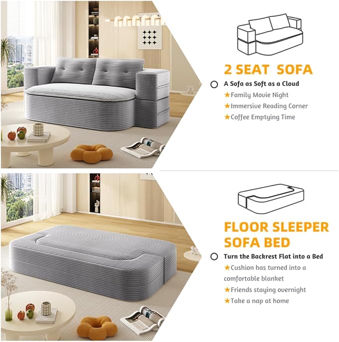 78.7" Convertible Sofa Bed, 2-in-1 Folding Floor Couch with 2 Pillows and Blanket, Plush Corduroy Fabric Sleeper Sofa for Living Room and Bedroom, No Assembly Required (Light Grey)