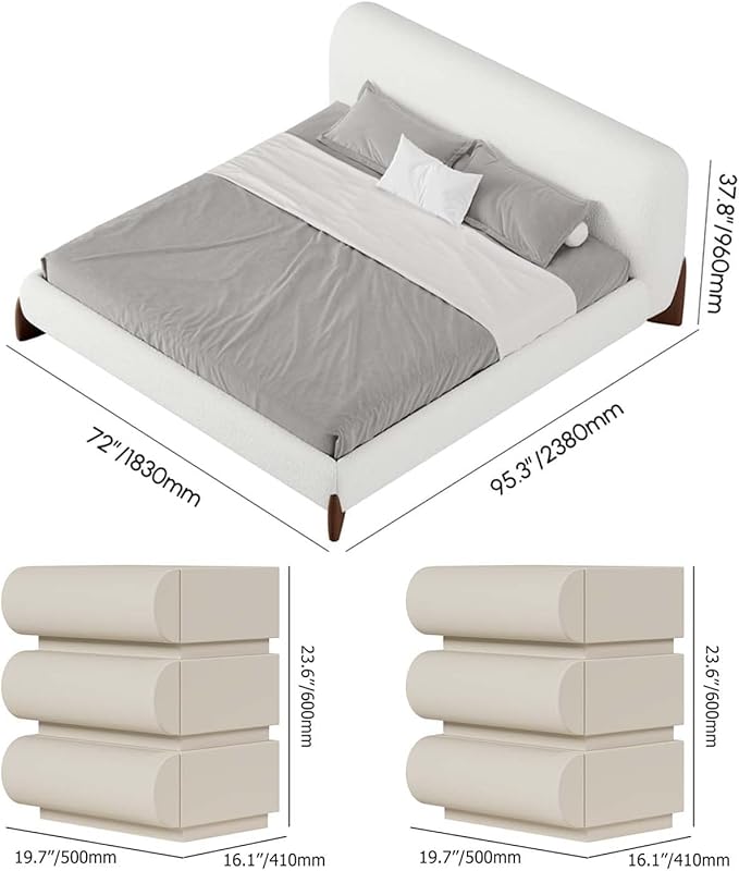 homary Queen Size Upholstered Bed Frame with 2 Three-Drawer Nightstands – Modern Bedroom Set with Wireless Charging, USB Ports, Faux Leather & Bouclé Upholstered Bed Platform with Headboard