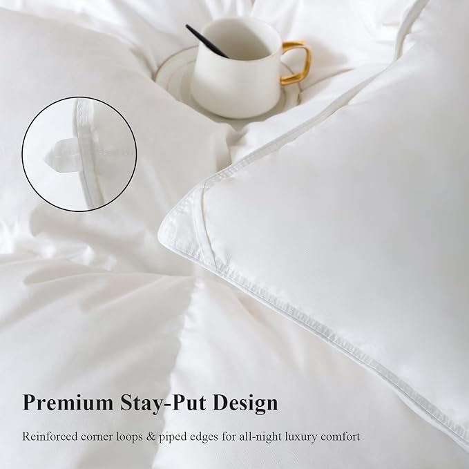 Globon Winter White Goose Down Comforter Queen Size,Down Duvet Insert,800 Fill Power,420 Thread Count Ultra Soft Noiseless Shell with Corner Tabs,White