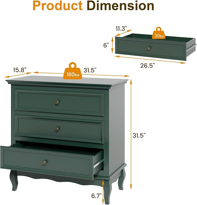 RoyalCraft Green Nightstand for Bedroom, Wide Nightstand with 3 Drawer, Modern End Table, Wood Beside Table for Home and Office, Green - Image 2