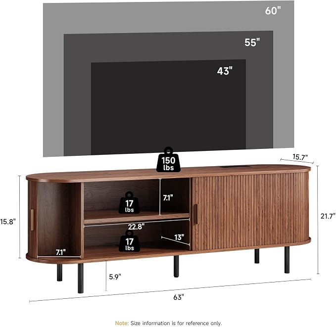 63" Fluted TV Stand with Power Outlet, Modern Media Console with Sliding Doors, Entertainment Center for TVs up to 60 Inch, Adjustable Shelves, Walnut - Image 2