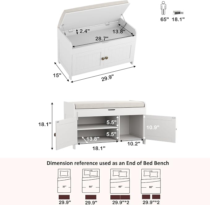 HOMEFORT 30" Shoe Bench with Lift Top Storage, Entryway Bench with Cushioned Seat, Wooden End of Bed Bench, Shoe Cabinet Bench with Hidden Storage Space, for Bedroom, Hallway,White - Image 3