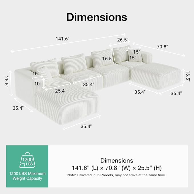 Novilla 141" Modular Sectional Sofa, Modern Cloud Sectional Couch with Smarts Coil® Support, U-Shape Boneless Couch for Living Room Apartments, No Assembly Required, Beige (4 Seat w/ 2 Ottoman)