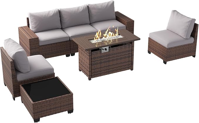 Aoxun Outdoor Patio Furniture Set with 44'' Fire Pit Table, 7 Pcs Outdoor Patio Furniture Sets with 4in Thicken Cushion, Widen Armrests Wicker Outdoor Sectional for Backyard (Waterproof Cover Include)