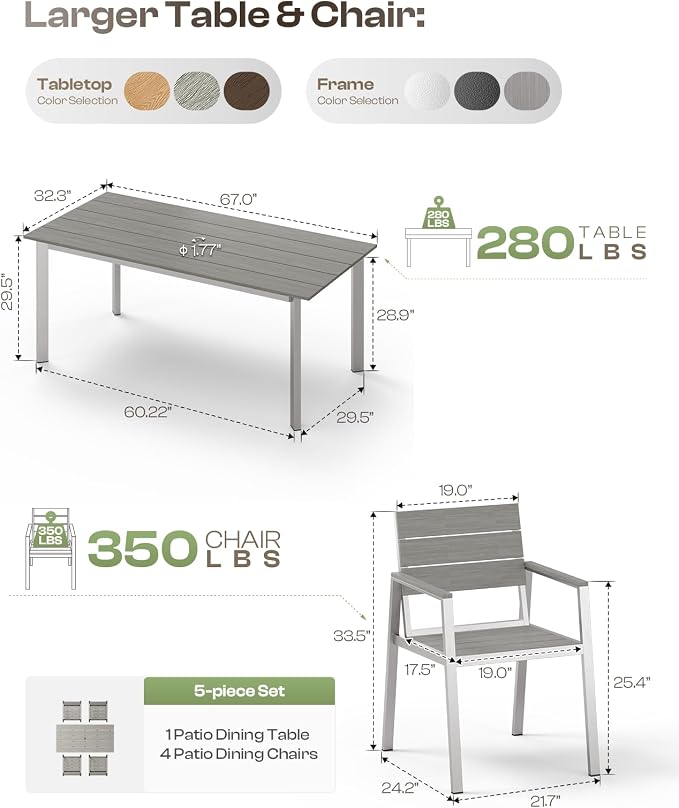 67" Rectangle HDPS Patio Dining Table, Aluminum Outdoor Patio Dining Table with Umbrella Hole, Weather-Resistant for Lawn, Garden, Yard, Poolside and Indoor Use (Gray & Teak) - Image 7