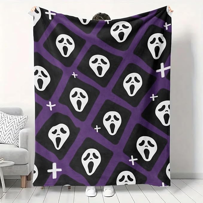 Halloween Spooky Face Blanket, Purple and Black, Soft Ghost Throw for Travel, Office, Home (40" x 30")