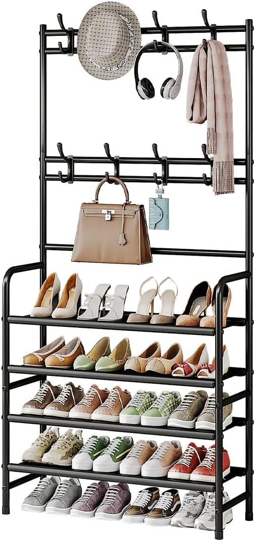 Coat Rack Shoe Rack With Storage Shelf Freestanding with 8 Hooks for Entryway Bedroom Closet 4 Tier, Black by YIZAIJIA