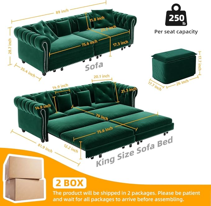 Eafurn 3 in 1 Oversized Chesterfield Loveseat Sofa Convertible Pull Out Sleeper Sofabed King Size Couch Bed w/Movable Ottoman and Nailhead Trim for Living Room Tufted Velvet Recliner Daybed Sofacama