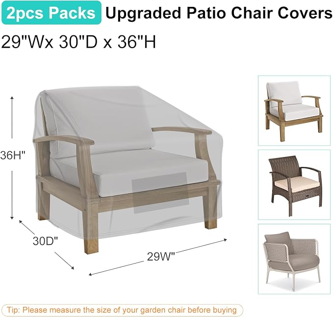 Patio Chair Covers for Outdoor Furniture Waterproof 2 Pack, Lawn Chair Covers 600D Heavy Duty Oxford Cloth, Large Covers for Lounge Lawn Deep Seat 29" W x 30" D x 36" H-Gray - Image 2