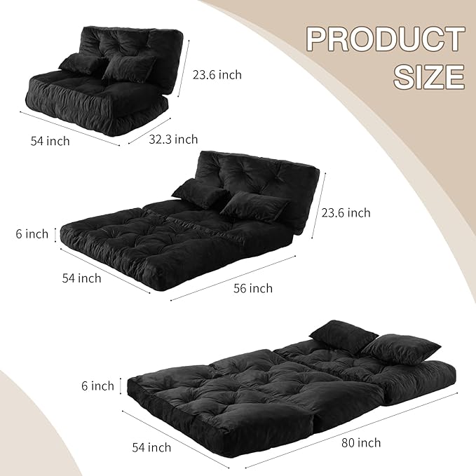 Folding Sofa Bed, Convertible Sleeper Chair with Pillow Foldable Mattress with Back Support, Portable Fold Out Chair Bed Comfy Floor Sofa Lounge for Living Room Bedroom, Black Full 80x54 Inch