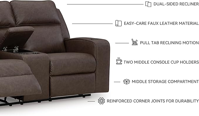 Signature Design by Ashley Lavenhorne Modern Faux Leather Manual Reclining Loveseat with Console and Cup Holders, Dark Brown