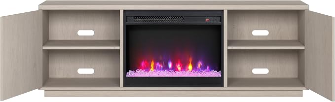 Henn&Hart Fluted TV Stand for TVs up to 75" with 26" Electric Crystal Rocks Fireplace and Ribbed Side Storage Cabinets for Living Room, Family Room, or Office, Beech White - Image 4