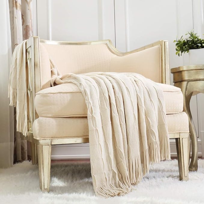 CREVENT Home Decor Rustic Couch Sofa Chair Bed Throw Blanket, Soft Warm Cozy Light Weight for Travelling, Giftable for Christmas(50''X60'' Beige/Ivory)