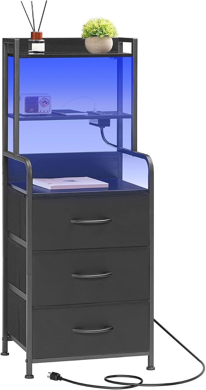 HOOBRO Tall Nightstand with Charging Station, LED Bedside Table with 3 Fabric Drawers and Open Shelves, USB-A, Type-C, 2 AC Outlets, Modern End Table for Bedroom, Black BB206UDBZ01 by HOOBRO