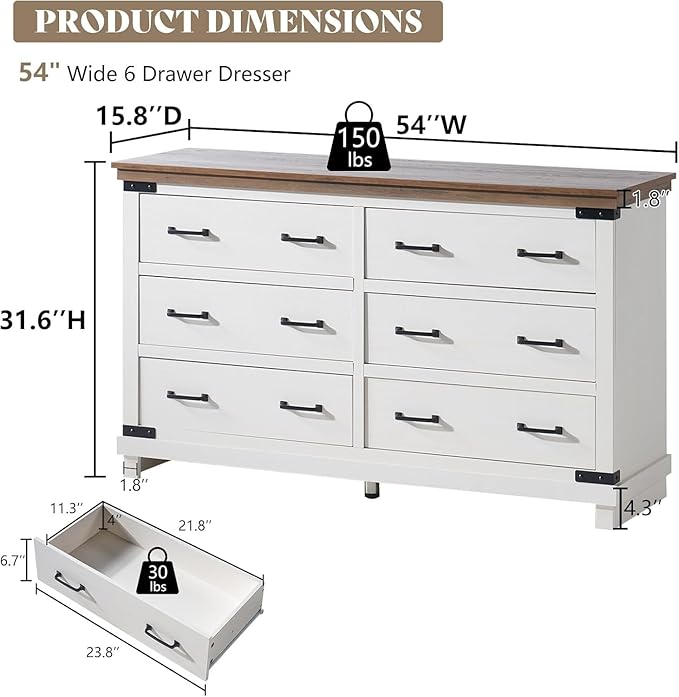 AMERLIFE 5 Pieces Farmhouse Wood Bedroom Set, Includes Rustic Full Bed Frame with 54" Tall Headboard, 6 Drawer Dresser Chest, 5 Drawer Tall Dresser, Nightstands Set of 2 with Charging Station, White