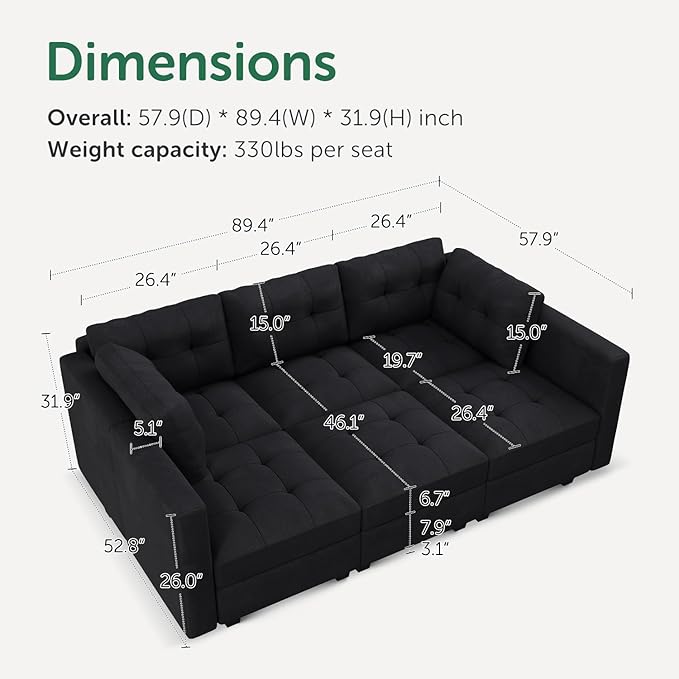 HONBAY Sectional Couch with Storage, Modular Sectional Sofa, Velvet Couches for Living Room, Mid Black