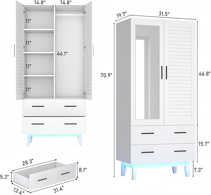 Hlivelood 2 Door Armoire Wardrobe Closet Cabinet with Mirror, Drawers and LED Lights, Multi-Tier Shelves, Hanging Rod & 2 Louver Doors, Large Capacity Storage Wardrobe Armoire for Bedroom, White