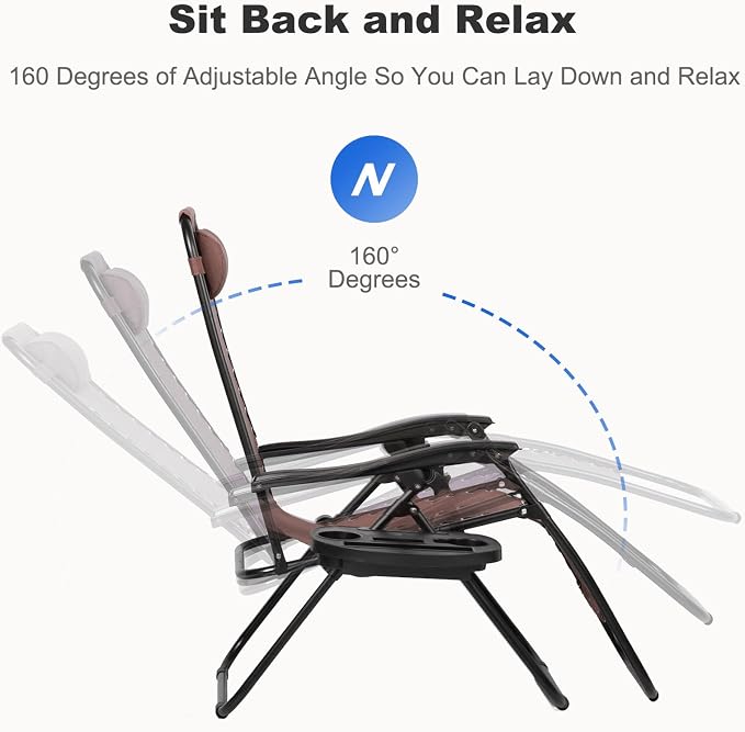 Nazhura Set of 2 Relaxing Recliners Patio Chairs Adjustable Steel Mesh Zero Gravity Lounge Chair Beach Chairs with Pillow and Cup Holder Khaki (Brown) - Image 4