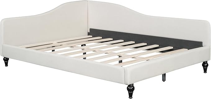 Merax Full Size Bed Frame Daybed, L-Shaped Linen Corner Sofa with Solid Wood Legs for Living Room & Guest Room, No Box Spring Needed, Beige