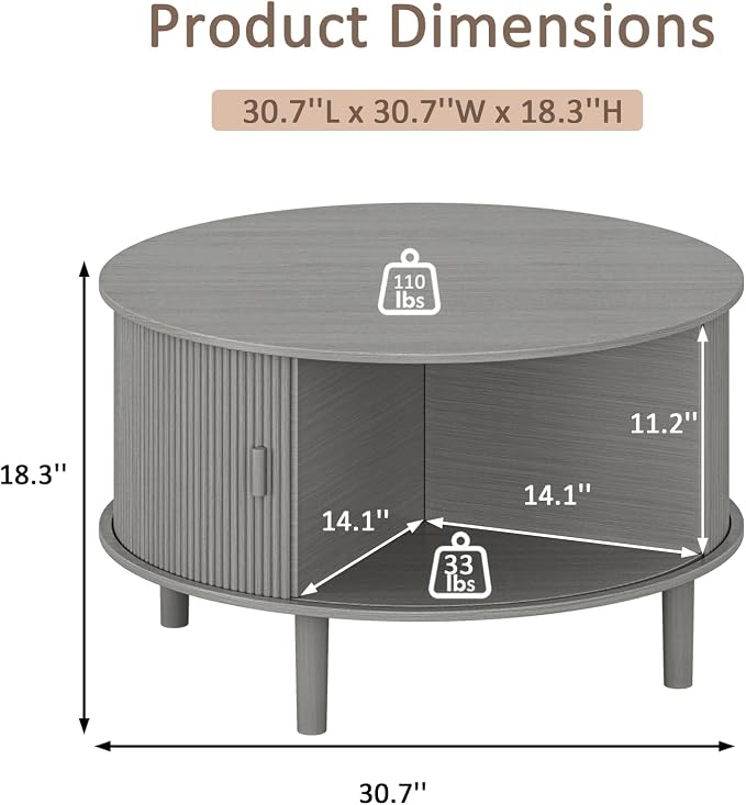 Coffee Table and TV Stand Set of 2, Round Center Table with Storage, Fluted Coffee Table with 360° Sliding Doors, 86.6" Entertainment Center for Bedroom, Living Room, Grey - Image 3