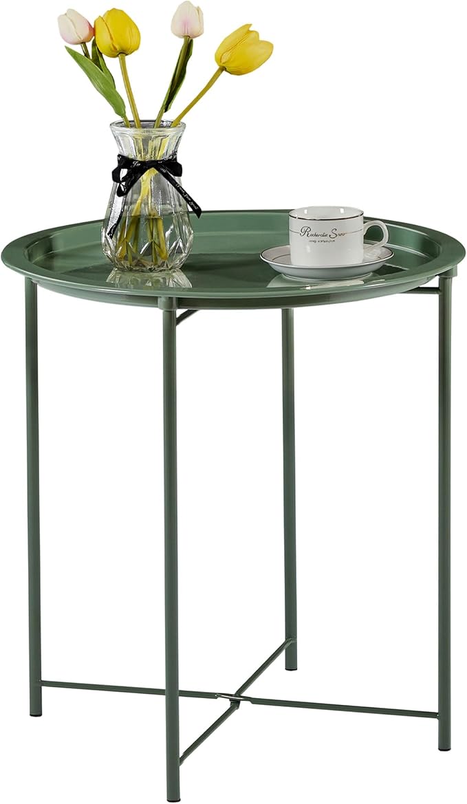 VECELO Side/End Table, Folding Round Metal Anti-Rust and Waterproof Outdoor or Indoor Tray for Living Room Bedroom Balcony and Office, 1 PCS, Dark Green by VECELO