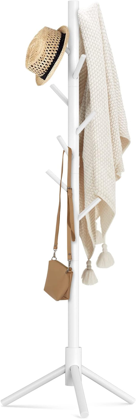 Haddockway Wooden Coat Rack Stand with 8 Hooks New Zealand Pine 3 Adjustable Coat Standing Tree Easy Assembly for Coats, Hats, Scarves and Handbags for Entryway, Hallway, Bedroom, Office, white by Haddockway