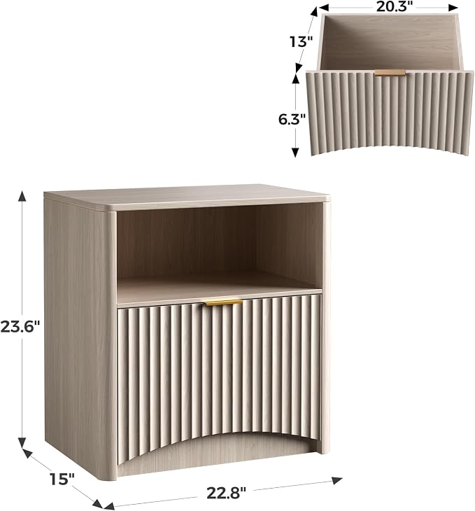 Evermagin Fluted Nightstand Set of 2, Bedside Table with Drawer and Storage, Wood End Table Mid Century Modern, Large Night Stand for Bedroom, White Alder - Image 2