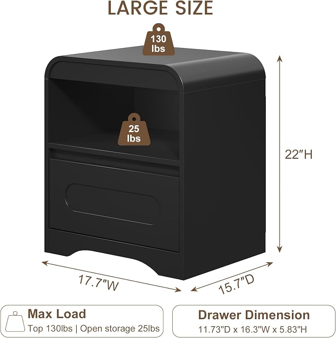 Black Nightstand Set of 2, Modern Night Stand with Drawers, Wood Nightstand, 22" Bedside Side Table with Open Storage, Curved Corners, Hidden Handle, Night Stands End Table for Bedroom Sofa Couch - Image 2