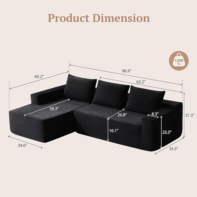 97" L-Shaped Sectional Sofa, No Assembly Boneless Modular Couch, Memory Foam Deep Seat with Side Pockets & Pillows, Compressed Sofa, Jet Black Left