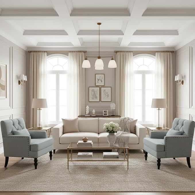 HUIMO Tufted Club Chair,Accent Chair with Lumbar Pillow, Upholstered Button Armchair, Linen Fabric Sofa Chairs for Bedroom, Living Room, Mid Century Modern with Studded Reading Chair Light Blue