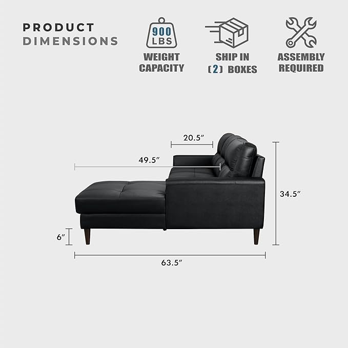 Lexicon Leather Match Sectional Couches for Living Room, L Shape Couch, Leather Sectional Couch, Modern Sofa Living Room Sofa with Right Chaise for Living Room, Bedroom, Office, Apartment, Black