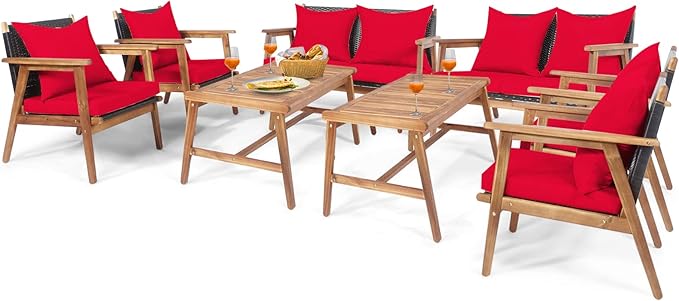 Tangkula 8-Piece Patio Furniture Set, Outdoor Acacia Wood Conversation Set with Cushions and Coffee Table, Outdoor PE Wicker Sectional Sofa Set for Garden, Poolside and Backyard (2, Red)