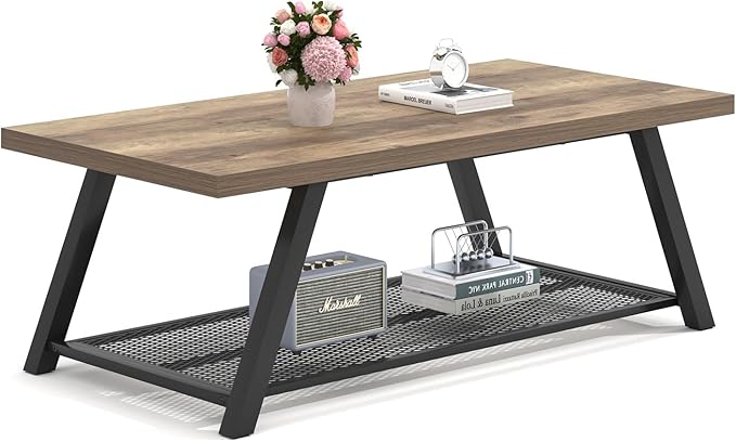 FOLUBAN Coffee Table with Storage, Modern Rustic Wood and Metal Coffee Tables for Living Room, Industrial 2-Tier Center Tea Cocktail Table, Oak, 47 Inch