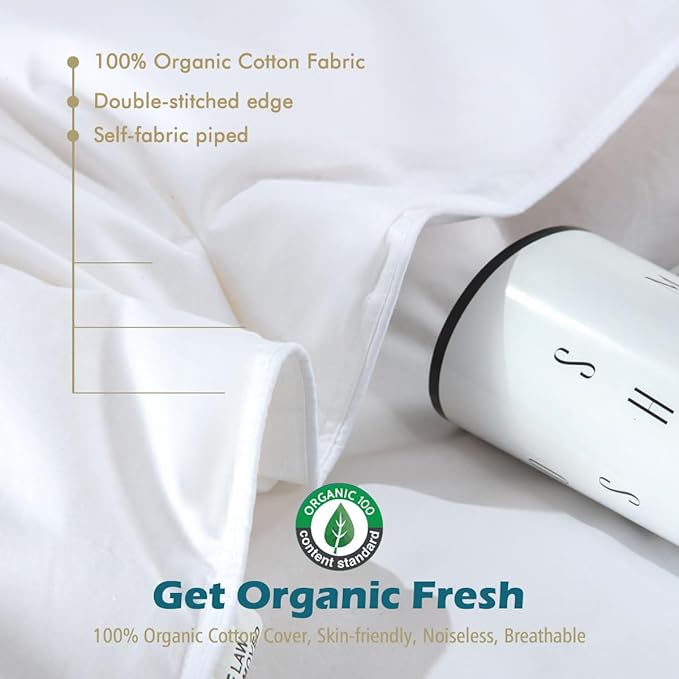 Cobnom® Luxury Organic Down Comforter Oversized Queen, High Fill-Power Down Feather Fibers Duvet Insert with 100% Cotton Cover, Medium Warm for All-Season, Ivory White, 98x98 Inch