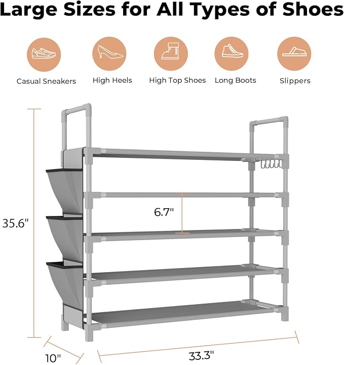 5 Tier Shoe Rack, Shoe Organizer Storage for 20-25 Pair Boot and Sneaker, Stackable Free Standing Shoe Shelf with Hooks and Side Pocket, Space Saving Shoes Rack for Closet, Entryway, Grey - Image 3