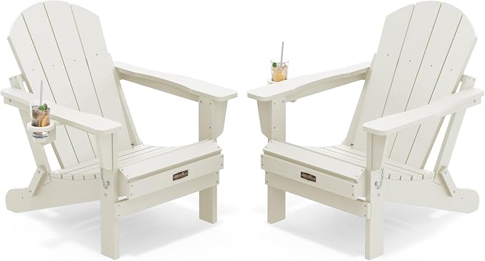 SERWALL Folding Adirondack Chair Set of 2, All Weather Patio Chair with with Cup Holder, Wood Texture, Fire Pit Chairs for Outdoor - White by SERWALL