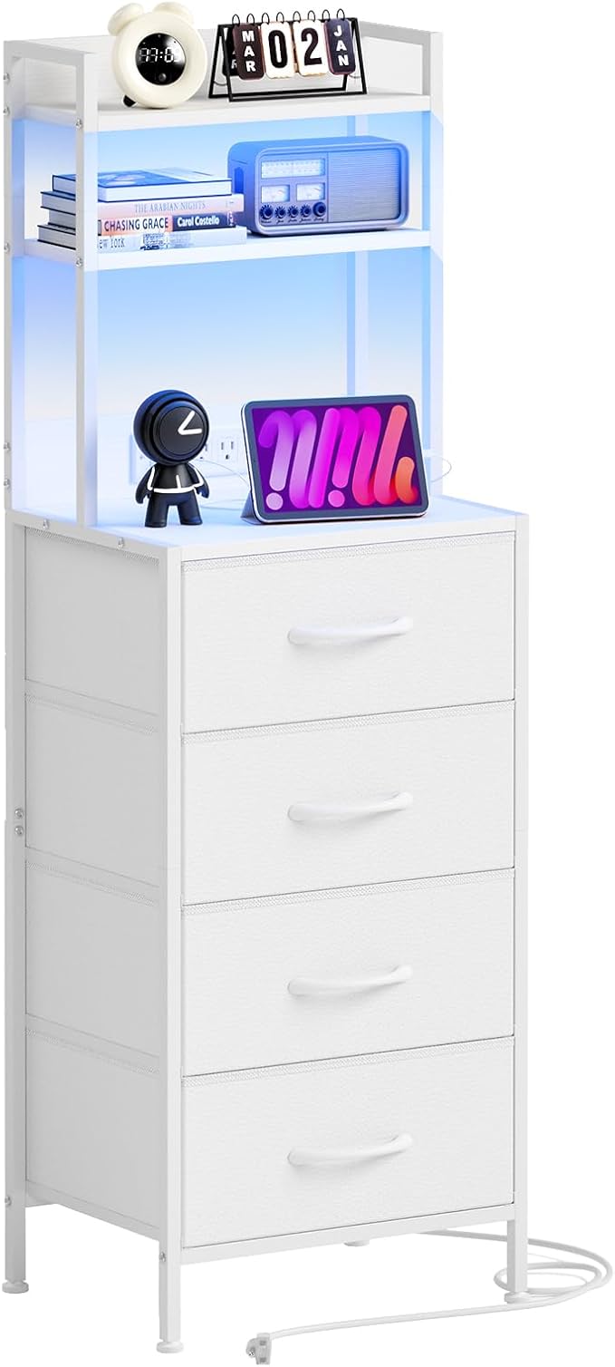 Fixwal 47 Inch Tall Nightstand with Charging Station, Led Night Stand with Socket, 4 PU Finished Fabric Storage Drawers, Office, Bedside Table & Bookshelf in One, White by Fixwal