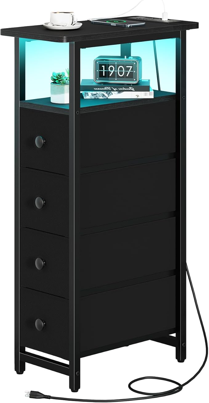 Yoobure LED Narrow Nightstand with Charging Station - Slim Dresser for Bedroom Narrow Side Table Storage Cabinet, Small Dressers Chest of Drawers, Tall Skinny Night Stand End Table for Small Spaces by Yoobure