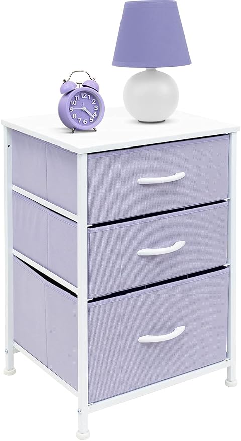 Sorbus Nightstand with 3 Drawers - Furniture Storage Chest Tower Unit for Bedroom, Hallway, Closet, Office Organization - Steel Frame, Wood Top, Pastel Fabric Bin (Purple) - Image 5
