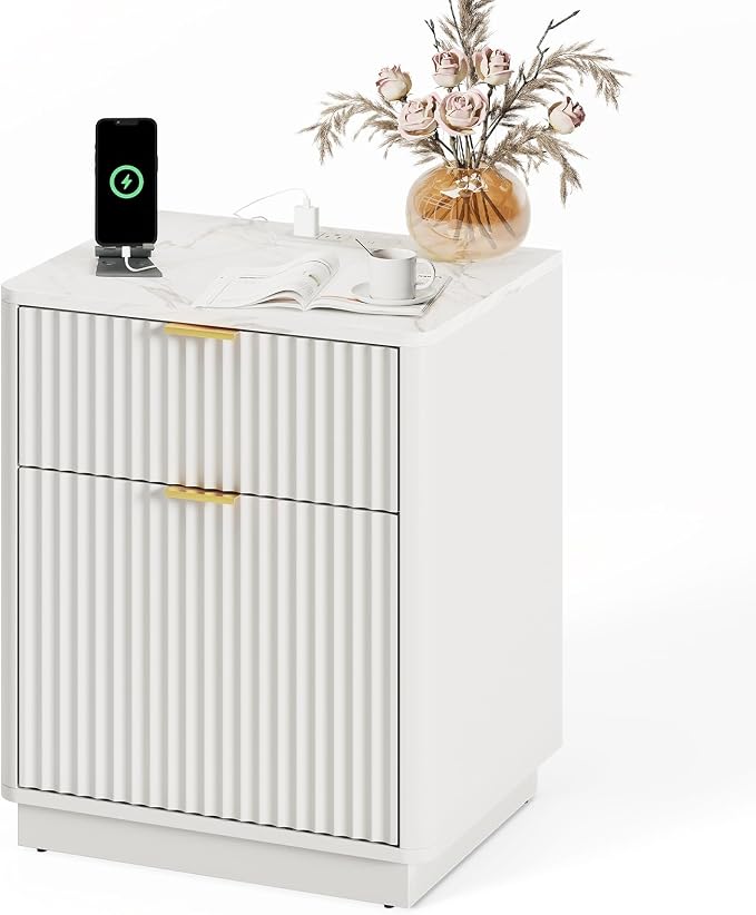 24” Tall Nightstand - Fluted Night Stand with Charging Station Faux Marble Top Bedside Table with Curved Profile Design for Bedroom/ 2 Drawer, White - Image 7