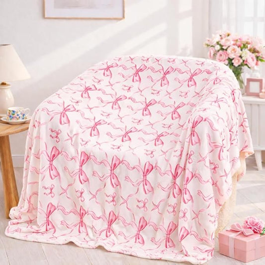Pink Bow Twin Blanket – 60x80 Inch Soft Fleece Blanket for Girls and Women, Coquette Aesthetic Room Decor for Bed, Couch, Chair, Preppy Bedroom or Gift, Cute Pink Bow Decor Blanket