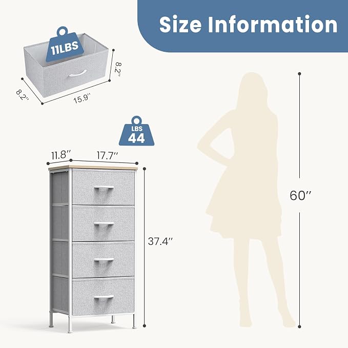 DUMOS Nightstand with 4 Drawers Bedside Table with Removable Fabric Bins Sturdy Steel Frame Wood Top Organizer Furniture for Bedroom Closet Living Room,Light Gray - Image 3