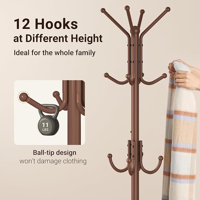 ELYKEN Coat Rack Freestanding, Metal Coat Rack Stand with Umbrella Holder, Modern Coat Tree with 12 Hooks, Floor Standing Corner Hall Tree for Entryway Living Room Bedroom Office, Brown - Image 5