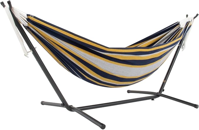Vivere Double Cotton Hammock with Space Saving Steel Stand, Upgraded Polyester End Strings 450 lb Capacity - Premium Carry Bag Included - USA Grown Cotton (Serenity) by Vivere